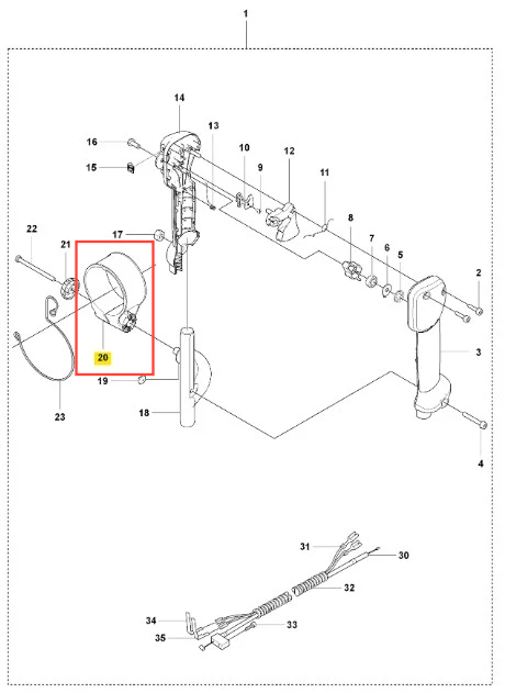 Uchwyt dmuchawy 150BT Husqvarna, w kolorze czarnym, w zbliżeniu. Widać gładką powierzchnię, ergonomiczną formę oraz miejsce mocowania. Widoczny mechanizm zamocowania i elementy montażowe, umieszczony na białym tle technicznym.