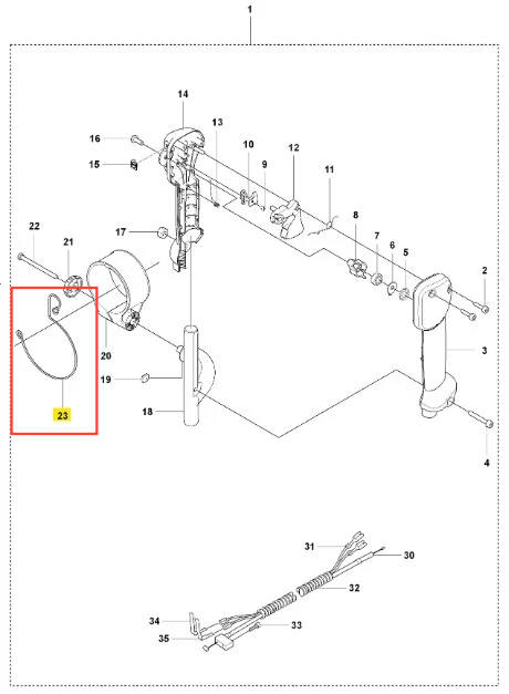Zacisk dmuchawy 150BT Husqvarna w formie metalowego pierścienia, leżący na tle instrukcji montażu. Widoczny kształt okrągły z otworami na mocowania. Materiał metaliczny, matowa powierzchnia. Element stosowany w systemie wentylacyjnym.