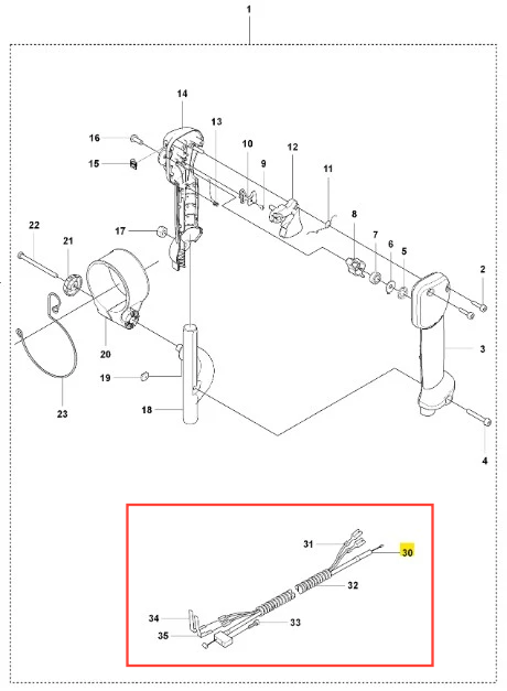 Przewód dmuchawy 150BT Husqvarna w detalach: elastyczny przewód z wtyczkami, w kolorze czarnym, o fakturze gumowej. Ułożony poziomo, z widocznymi końcówkami i oznaczeniem numeru 30. Prosta aranżacja na białym tle, bez dodatkowych elementów.