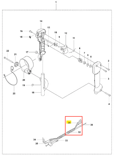 Linka dmuchawy 150BT Husqvarna w ułożeniu poziomym, z widocznymi końcówkami. Wykonana z układu metalowo-plastikowego w kolorze czarnym. Widoczne oznaczenia i szczegóły konstrukcyjne, w tym zakończenia oraz mocowania.