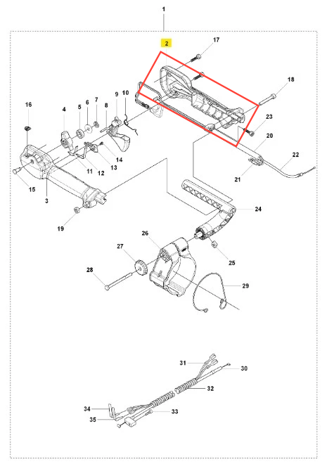Obudowa dmuchawy 150BT Husqvarna, w kolorze szarym, wykonana z trwałego plastiku, z wyraźnymi liniami i ergonomicznie ukształtowanym uchwytem. Ujęcie z góry, pokazujące strukturę i detale mocowania, z widocznymi elementami montażowymi.