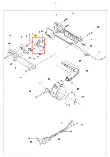 Kołek równoległy dmuchawy 150BT Husqvarna, widoczny z boku, w kolorze czarnym, wykonany z tworzywa sztucznego. Produkt ma gładką fakturę i kształt cylindryczny. Umieszczony na tle schematu, wskazuje na jego zastosowanie w konstrukcji dmuchawy.