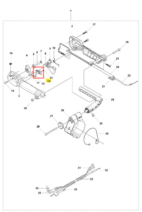 Hamulec dmuchawy 150BT Husqvarna w układzie części zamiennej, z widocznym detalem. Element w kolorze szarym, metalowy, o prostokątnym kształcie. Widoczne numery identyfikacyjne i oznaczenia. Ułożony poziomo w schemacie na białym tle.