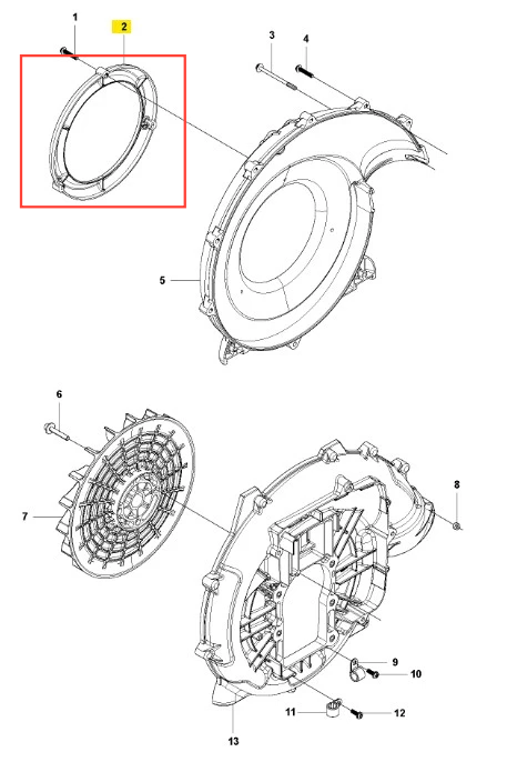 Lejek dmuchawy 150BT Husqvarna w formie półokrągłej, wykonany z tworzywa. Widoczny z boku. Element o średnicy 15 cm, z gładką powierzchnią. Słabo widoczne detale montażowe. Miejsce montażu w układzie dmuchawy. Na białym tle.