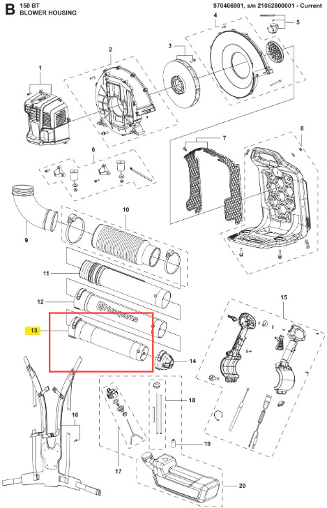Rura dmuchawy 150BT Husqvarna z białego plastiku, cylindryczny kształt, gładka powierzchnia. Ujęcie z boku, leżąca na płaskiej powierzchni. Widoczne logo na boku rury. Element przeznaczony do odkurzacza, część montowana.
