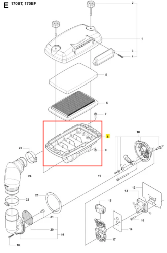 Nadwozie dmuchawy 170BT Husqvarna w kolorze czarnym, z wyraźnymi żebrami wewnętrznymi. Ujęcie z przodu, ukazujące profil produktu z zamocowaniami. Tło jednolite, co podkreśla szczegóły konstrukcji. Produkt nowy, bez widocznych uszkodzeń.