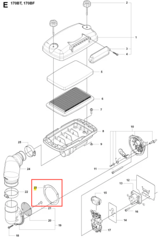 Uszczelka do dmuchawy 170BT Husqvarna, okrągła, czarna, gumowa, elastyczna. Widok z boku na otwór montażowy i uszczelniające krawędzie, bez tła, skupiona na produkcie.