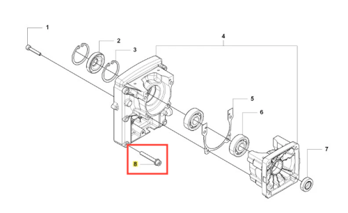 Metalowa cylindryczna śruba dmuchawy 170BT Husqvarna z gwintem na całej długości, ustawiona poziomo na schemacie, w otoczeniu części zamiennych, bez dodatkowych detali i napisów.