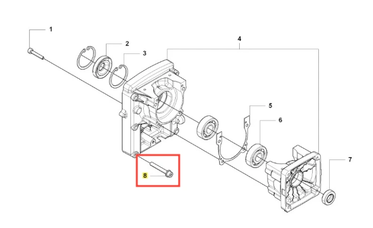 Metalowa cylindryczna śruba dmuchawy 170BT Husqvarna z gwintem na całej długości, ustawiona poziomo na schemacie, w otoczeniu części zamiennych, bez dodatkowych detali i napisów.