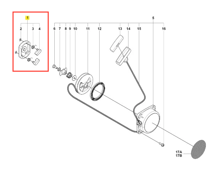 Koło pasowe dmuchawy 170BT Husqvarna, metalowe, okrągłe, z montażowymi elementami. Widok z boku, detale konstrukcji na białym tle. Beżowe mocowania i osłona z otworami. Zestaw wieloczęściowy.
