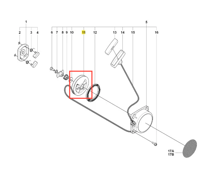Rolka dmuchawy 170BT Husqvarna, w okrągłym kształcie, z metalicznym wykończeniem. Wyraźnie widoczny element montażowy oraz rączka. Zdjęcie w perspektywie frontalnej, ukazujące detale konstrukcyjne. Tło proste, bez dodatkowych elementów.