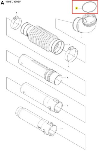 O-ring do dmuchawy 170BT Husqvarna, okrągły, elastyczny, w kolorze czarnym. Widoczny w górnej części rysunku, umieszczony pomiędzy elementami obudowy. Wyraźne kontury i gładka faktura, istotny element uszczelniający w konstrukcji urządzenia.