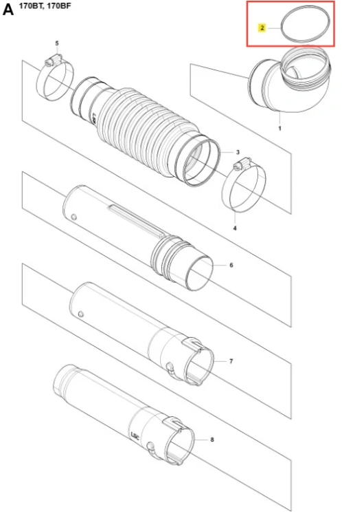 O-ring do dmuchawy 170BT Husqvarna, okrągły, elastyczny, w kolorze czarnym. Widoczny w górnej części rysunku, umieszczony pomiędzy elementami obudowy. Wyraźne kontury i gładka faktura, istotny element uszczelniający w konstrukcji urządzenia.