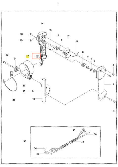 Nakrętka dmuchawy 170BT Husqvarna, metalowa, okrągła z gwintem, w kolorze szarym, z logo Husqvarna. Ujęcie z boku prezentujące detale mocowania. W tle widoczne inne komponenty dmuchawy na białym tle.