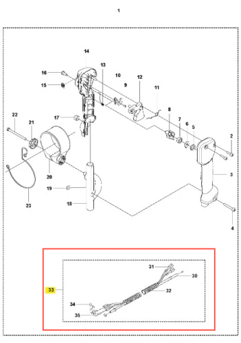 Instalacja elektryczna do dmuchawy Husqvarna 170BT. Przewód z 5 końcówkami, kształt prosty, tekstura gładka. Widoczny element oznaczenia produktu. Ułożenie poziome, na białym tle, wyraźne detale końcówek.