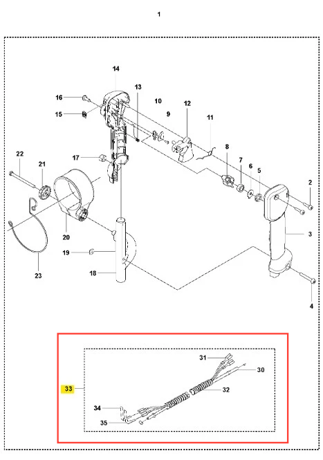 Instalacja elektryczna do dmuchawy Husqvarna 170BT. Przewód z 5 końcówkami, kształt prosty, tekstura gładka. Widoczny element oznaczenia produktu. Ułożenie poziome, na białym tle, wyraźne detale końcówek.
