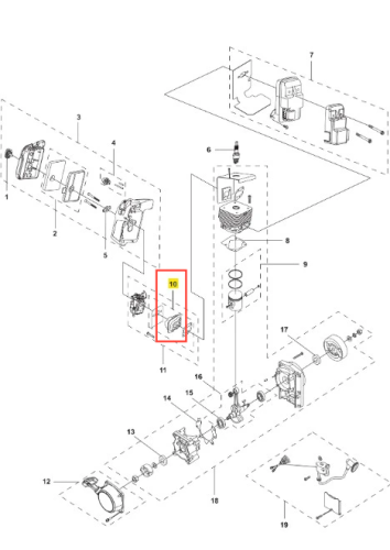 Uszczelka do zestawu dmuchawy 345BT Husqvarna, widoczna w zbliżeniu, w kolorze czarnym. Obiekt ma gładką fakturę oraz charakterystyczny kształt, pasujący do elementów silnika dmuchawy. Wizualizacja przedstawia istotny detal montażowy.
