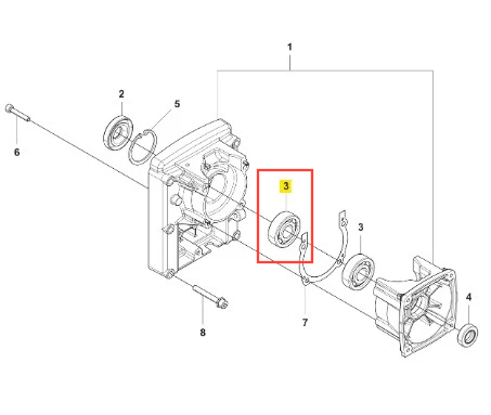 Łożysko kulkowe dmuchawy 350BF Husqvarna, metaliczne, okrągłe, numer 3, zamontowane w obudowie w otoczeniu części montażowych na tle mechanizmu dmuchawy, wizualizacja serwisu.