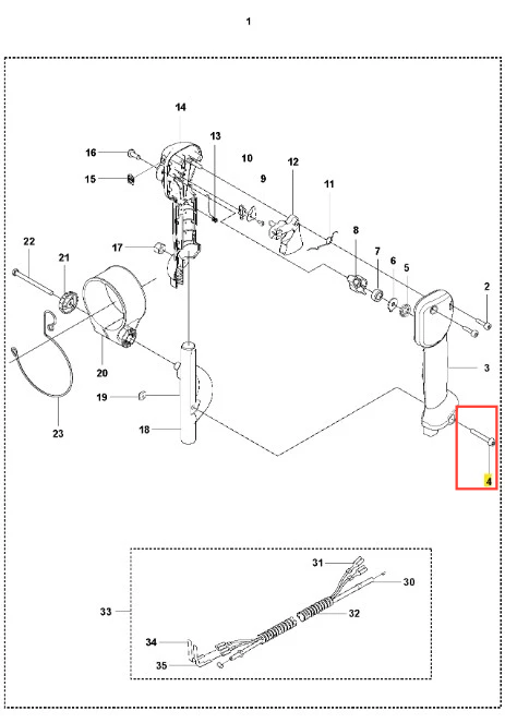 Śruba dmuchawy 350BT Husqvarna, metalowa, szara, z gwintem. Zbliżenie na końcówkę śruby, widoczna główka na jednym końcu, płaski kształt, z czytelnym logo producenta. Produkt leży na białym tle, umożliwiając łatwe zauważenie detali.