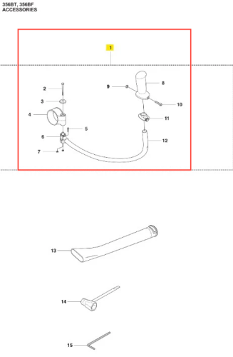 Zespół uchwytu dmuchawy 356BTx Husqvarna zawiera elastyczny wąż, dwa mocowania, manetkę do sterowania oraz końcówkę. Elementy są w kolorze czarnym i szarym, pokazane z boku, ułożone na prostym tle, bez dodatkowych akcesoriów.