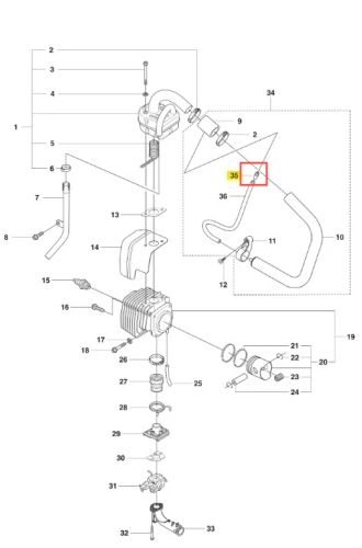 Smarowniczka do dmuchawy 356BTx Husqvarna z metalowym wężem i mocowaniem. Zdjęcie frontalne pokazuje rury i elementy urządzenia na białym tle, z plastikową rączką ułatwiającą przechowywanie.