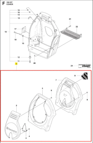 Pokrywa piasty dmuchawy 356BT Husqvarna, w kolorze czarnym, z wyraźnym logo Husqvarna. Ujęcie frontalne ukazuje profil z dużym otworem oraz mocowania. W zestawie elementy montażowe. Przeznaczona do zastosowań w dmuchawach ogrodowych.