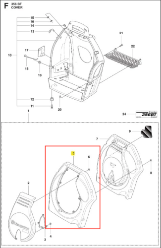 Pokrywa piasty dmuchawy 356BTx Husqvarna w kolorze czarnym. Widok frontalny ukazujący profil z przezroczystym otworem. Zawiera uchwyt do przenoszenia oraz logo Husqvarna. Produkt leży na białym tle, ukazując szczegóły i kształt części.