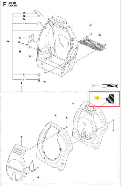 Folia aluminiowa do dmuchawy Husqvarna 356BT, srebrna, z logo i numerem modelu, widok frontalny na białym tle, widoczne detale montażowe i konstrukcyjne.