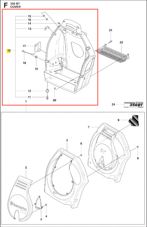 Podwozie dmuchawy 356BTx Husqvarna, w kolorze jasno szarym, z widocznym logo Husqvarna. Ujęcie frontalne, produkt leży na płasko. Widoczne otwory montażowe oraz struktura obudowy. Z tyłu elementy mocujące, wyróżniająca się tekstura.