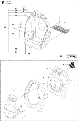 Zacisk e dmuchawy 356BTx Husqvarna w pozycji stojącej, z widocznym logo Husqvarna. Zbliżenie na detale, w tym mocowanie i otwór na przewód. Biała ilustracja na jednolitym tle, prezentująca kluczowe elementy zacisku, bez dodatkowych akcesoriów.