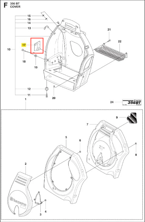 Osłona dmuchawy 356BTx Husqvarna w kolorze czarnym, z tworzywa sztucznego, widoczna z przodu. Produkt ma zaokrąglony kształt, logo Husqvarna, elementy mocujące. Ułożony w pozycji stojącej, na jednolitym tle, w zbliżeniu na detale.