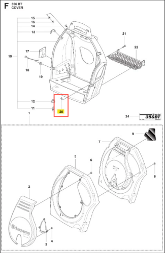 Zacisk e dmuchawy 356BTx Husqvarna, szary z logo, w pozycji otwartej, z widocznymi elementami montażowymi i numerem identyfikacyjnym, na jednolitym tle.