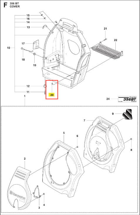 Zacisk e dmuchawy 356BTx Husqvarna, szary z logo, w pozycji otwartej, z widocznymi elementami montażowymi i numerem identyfikacyjnym, na jednolitym tle.