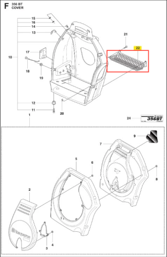 Schemat dmuchawy 356BTx Husqvarna z widocznym pokrywy oraz detalami montażowymi. Pokrywa w kolorze czarnym z wyraźnym logo Husqvarna. Fragment elementu montażowego przedstawiony w zbliżeniu, z wyraźnymi oznaczeniami oraz numerami części.