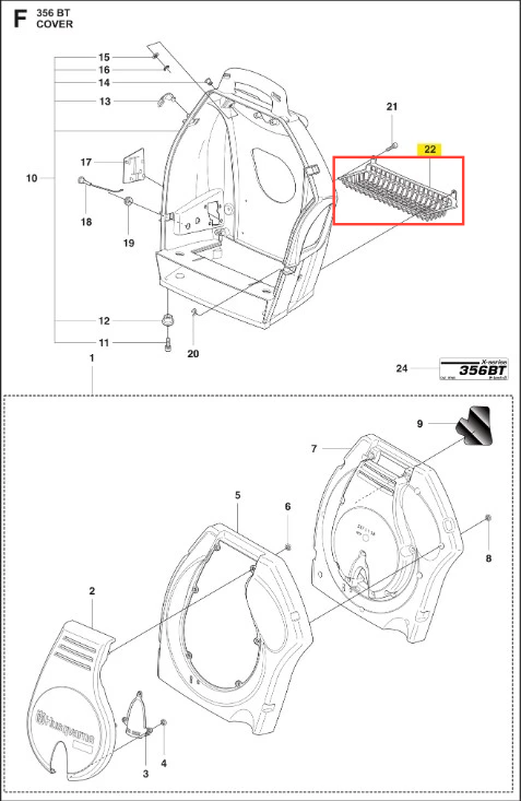 Schemat dmuchawy 356BTx Husqvarna z widocznym pokrywy oraz detalami montażowymi. Pokrywa w kolorze czarnym z wyraźnym logo Husqvarna. Fragment elementu montażowego przedstawiony w zbliżeniu, z wyraźnymi oznaczeniami oraz numerami części.