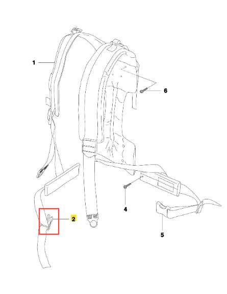 Przyczepka dmuchawy Husqvarna 356BTx, widoczna z przodu z szerokim, regulowanym pasem, w kolorze szarym. Zawiera uchwyt do ręki oraz mocowanie. Na zdjęciu oznaczenia numerów wskazujące kluczowe części produktu, tło neutralne.