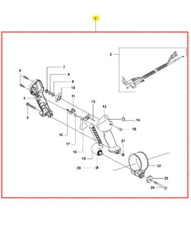Schemat uchwytu dmuchawy 356BTx marki Husqvarna. Widoczne elementy konstrukcji, w tym rękojeść, mocowania i detale techniczne. Ujęcie frontalne, produkt w rozłożonej formie, na jasnym tle. Znaleźć można także numery referencyjne części.