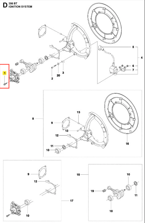 Śruba dmuchawy 356BTx Husqvarna, metalowa, o kształcie cylindrycznym, w kolorze srebrnym. Widoczna na schemacie, leżąca na białym tle, z zaznaczonym numerem oznaczenia. Element przeznaczony do systemu zapłonowego.