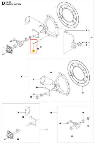 Śruba dmuchawy 356BTx Husqvarna, metalowa, o prostym kształcie, z gwintem. Widoczna w ujęciu z przodu, zaznaczona kolorem czerwonym na rysunku, bez logo. Element montażowy dla systemu zapłonowego, umieszczony w rzeczywistej perspektywie.