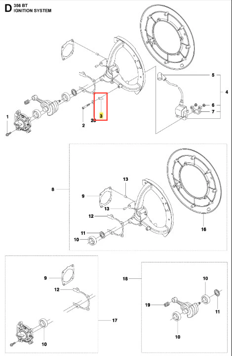 Wtyk płaski do dmuchawy 356BTx Husqvarna, widoczny w zbliżeniu, z metalowym korpusem i oznaczeniem numeru 3. Element montażowy, z wyraźnymi otworami na wtyczki, zamontowany w układzie zapłonowym, na białym tle, bez dodatkowych akcesoriów.
