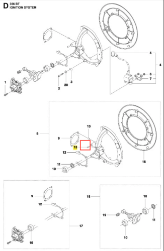 Zestaw części do dmuchawy Husqvarna 356BTx, w tym tuleja, elementy silnika i osłona. Widok z przodu, detale konstrukcyjne, numery części. Tło białe, prosta prezentacja, skupienie na elementach systemu zapłonowego.