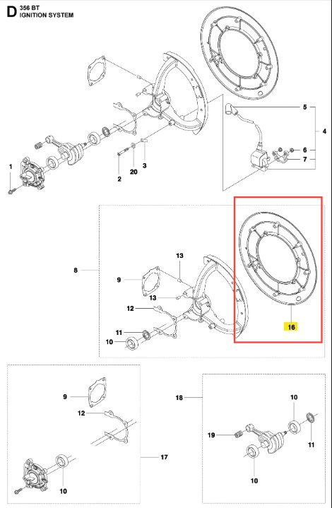 Płytka dmuchawy 356BTx Husqvarna w kształcie owalnym, widoczna z przodu, z wyraźnymi otworami mocującymi. Wykonana z metalu, z gładką powierzchnią. Używana w systemie zapłonu. Białe tle, brak dodatkowych detali.