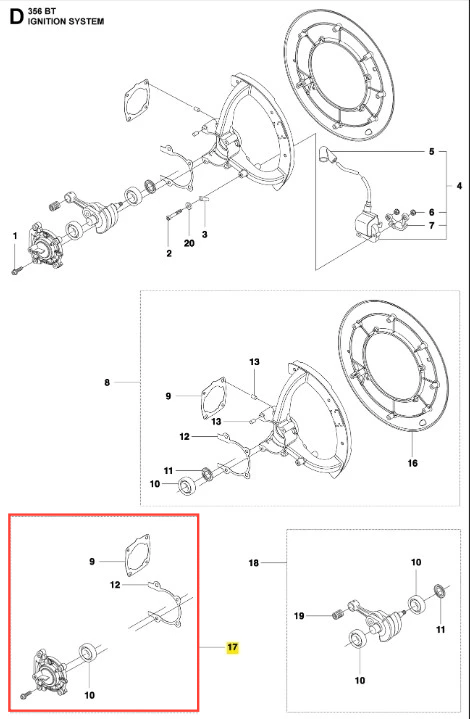 Pokrywa piasty dmuchawy 356BTx Husqvarna w kolorze czarnym, widoczna z boku. Produkt ze wzmocnionym kształtem, przeznaczony do zamontowania w systemie zapłonowym, z wyraźnym napisem Husqvarna. Detale strukturalne i mocowanie są dobrze widoczne.