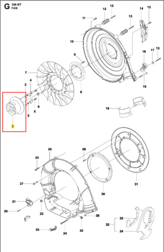 Piasta dmuchawy 356BTx Husqvarna, metaliczny element z widocznymi gwintami i mocowaniem. Ujęcie w zbliżeniu, eksponujące szczegóły konstrukcji. Tło białe, co podkreśla detale produktu. Home: nowy, niezainstalowany.
