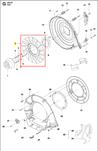 Wirnik dmuchawy 356BTx Husqvarna w widoku z boku, ukazujący szczegóły łopatek i okrągły kształt. Wykonany z materiału syntetycznego, matowego. Widoczny otwór na osi centralnej, gotowy do montażu. Tło proste, białe.