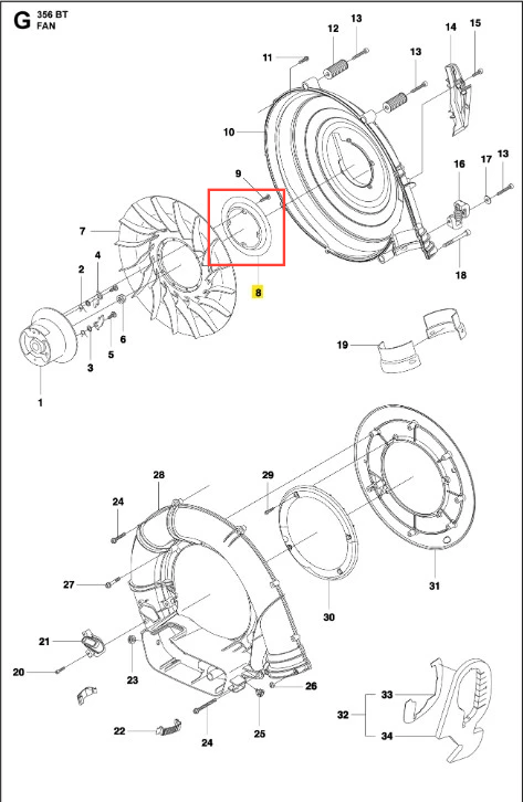 Płyta przystawki dmuchawy 356BTx Husqvarna w układzie bocznym. Część w jasnym kolorze, z widocznymi detalami montażowymi i oznaczeniami. W uwidocznionym fragmencie elementy mocowania w okrągłym kształcie. Tło jednolite, co podkreśla produkt.