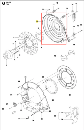 Obudowa wentylatora dmuchawy 356BTx Husqvarna, szara, plastikowa, półkulista. Widok boku z mechanizmem i mocowaniem, otwory na śruby, gładka matowa powierzchnia.
