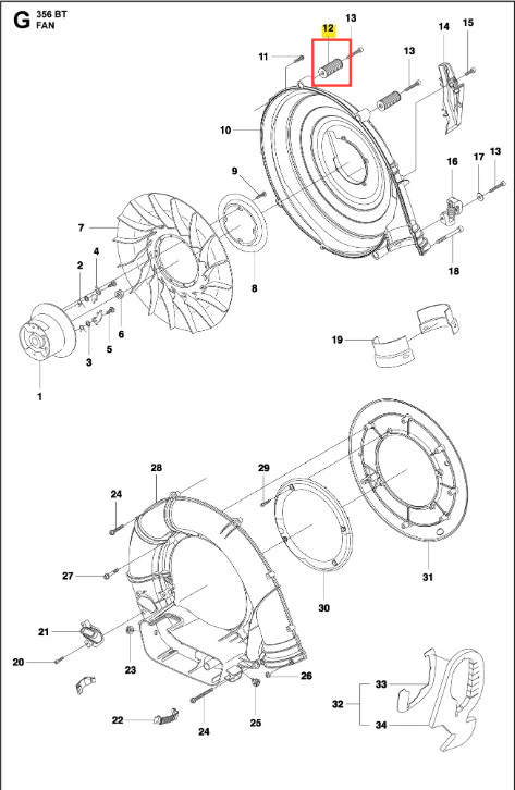 Amortyzator dmuchawy 356BTx Husqvarna w wersji z widocznym detalem. Element w metalicznym kolorze, prostokątny kształt z widocznym gwintem. Ujęcie z góry, na rysunku technicznym, z opisami otaczających elementów.
