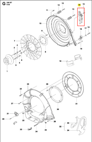 Kanał powietrzny dmuchawy 356BTx Husqvarna z szarego tworzywa, z bliskim ujęciem otworów wentylacyjnych oraz widocznymi numerami części na białym tle.