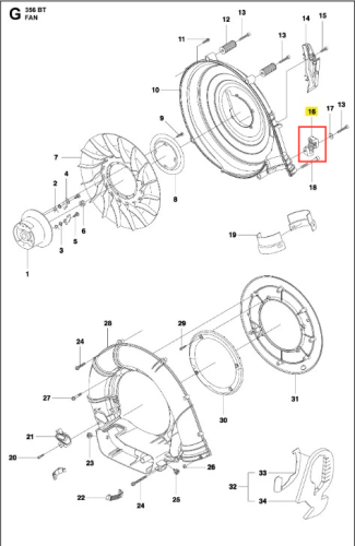 Amortyzator dmuchawy 356BTx Husqvarna, widok przedni w wersji montażowej, wykonany z ciemnoszarego plastiku z srebrnymi detalami, otworami mocującymi i nadrukami numerów części.